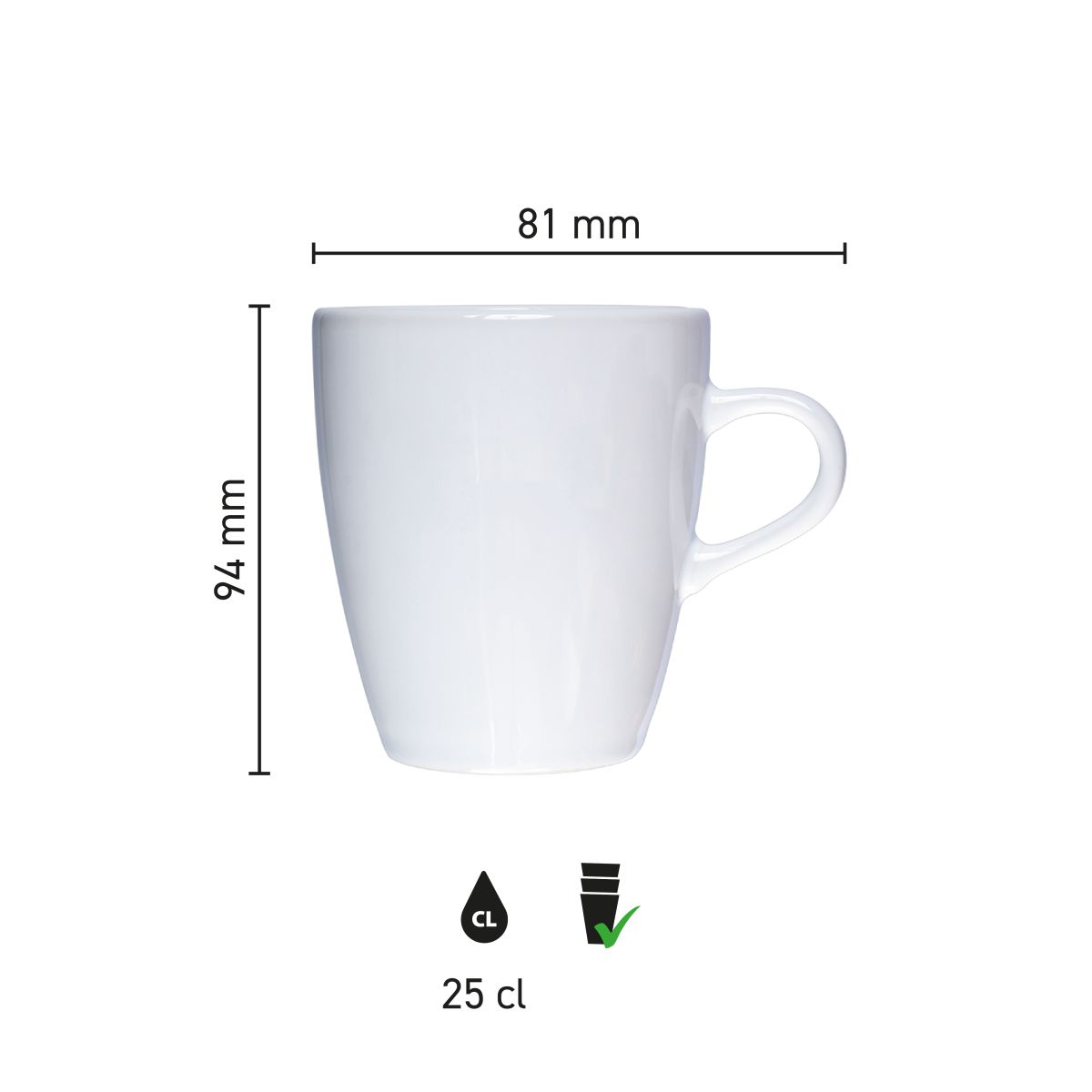 Die Infografik zeigt die Produktabmessungen des Cynthia Bechers weiß 25 cl Porzellan in Millimetern.